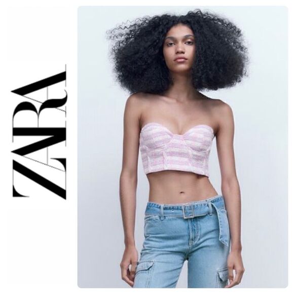 NWT Zara Pink Purple White Plaid Tweed Textured Corset Crop Top, Small - Picture 1 of 15